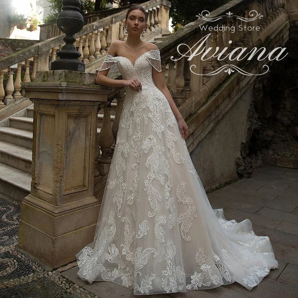 

Customized Aviana Off The Shoulder Short Sleeves Lace Embroidered Tulle Long Train Floor Length Bridal Gown Elegant Romantic