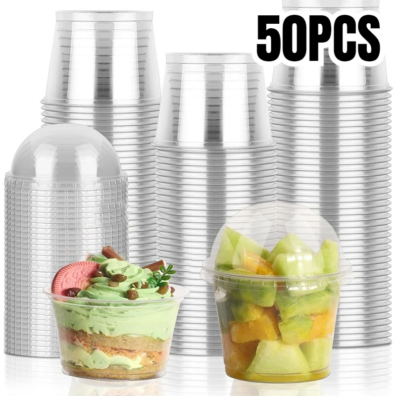 50PCS Transparent Plastic Cup with Lid Dome Shaped Flat Lid Pudding Cup Suitable for Fruit Juice Coffee Ice Cream Cake Container