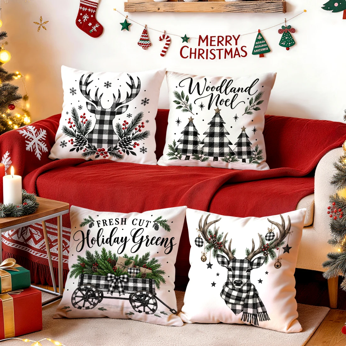1/4pcs Countryside Style Christmas Cushions Pillowcase Polyester Cushion Cover Throw Pillow Pillowcover Home Car Sofa Decor