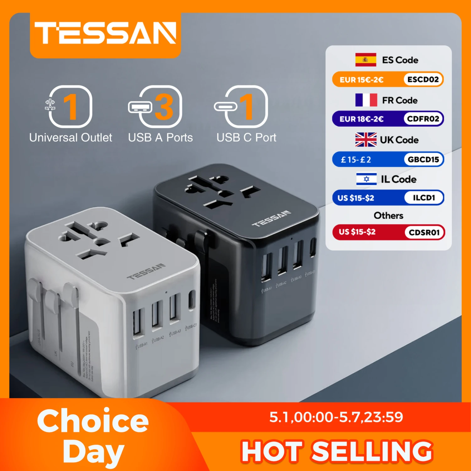 Adaptateur de voyage universel TESSAN avec port USB et type C, adaptateur secteur mondial prise EU/UK/USA/AUS pour les voyages internationaux