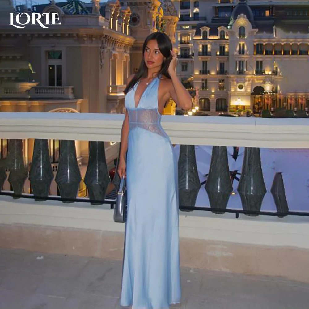 

LORIE Modest Crepe Evening Dresses Elegant Halter Deep V Neck Pleats Mermaid Arabia Prom Gown Ruffle Party Dresses Customized
