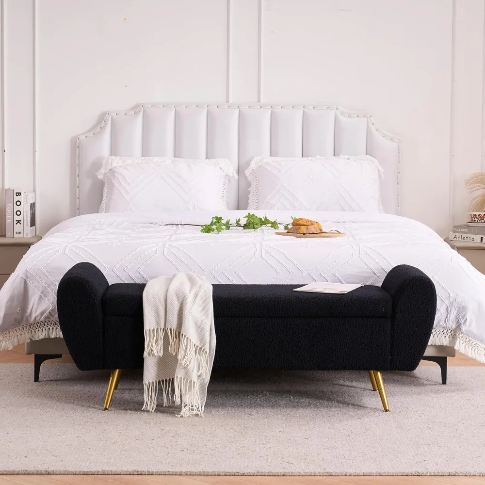 

57" Teddy Boucle Storage Bench - Extra Long King Size Bed Ottoman with Gold Legs