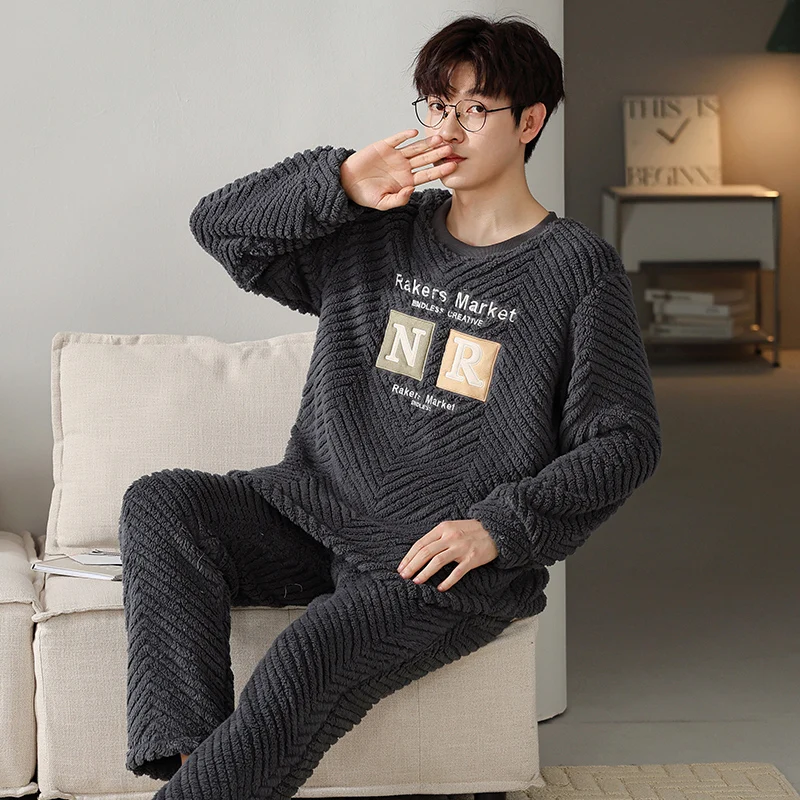 Korean Men's Pajamas Coral Fleece Autumn and Winter 2025 Men's Warm Flannel Fleece-lined Thickened Homewear Set pyjama homme