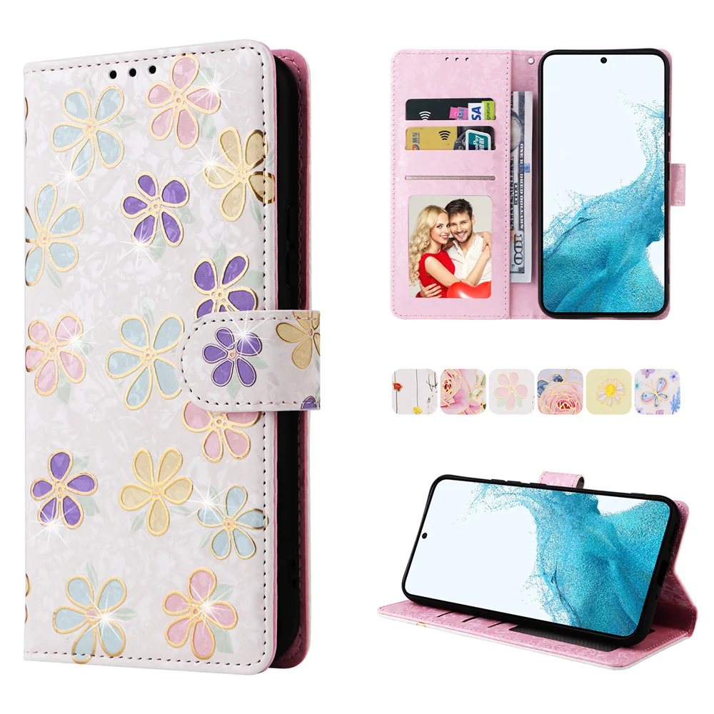 Capa de couro padrão de flor dourada de luxo, capa flip para Galaxy A12, A13, A14, A22, A23, A24, A32, A33, A34, A51, A52, A53, A54, A74, a04, A05