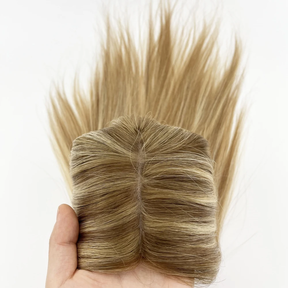 9x14cm 16inch Highlight Blonde Human Hair Cloure Silk Base Topper with Clips in Virgin European Human Hair Toupee