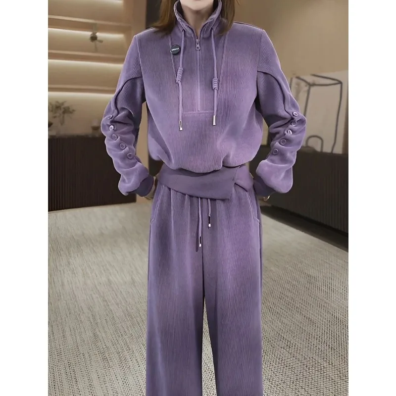 Conjunto de dos piezas de pantalones de pierna ancha de cintura alta para mujer, suéter con cuello levantado y media cremallera, color morado cálido, diseño a la moda