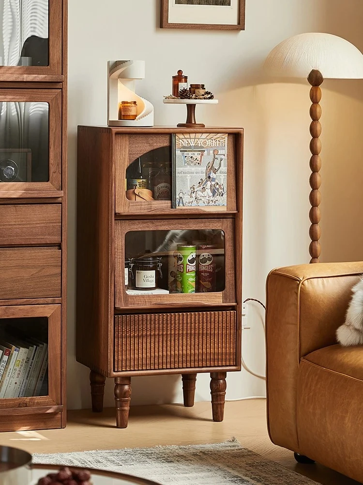 

American Retro Black Walnut Wooden Side Cabinet Wall Integrated Storage Cabinet Modern Minimalist Locker