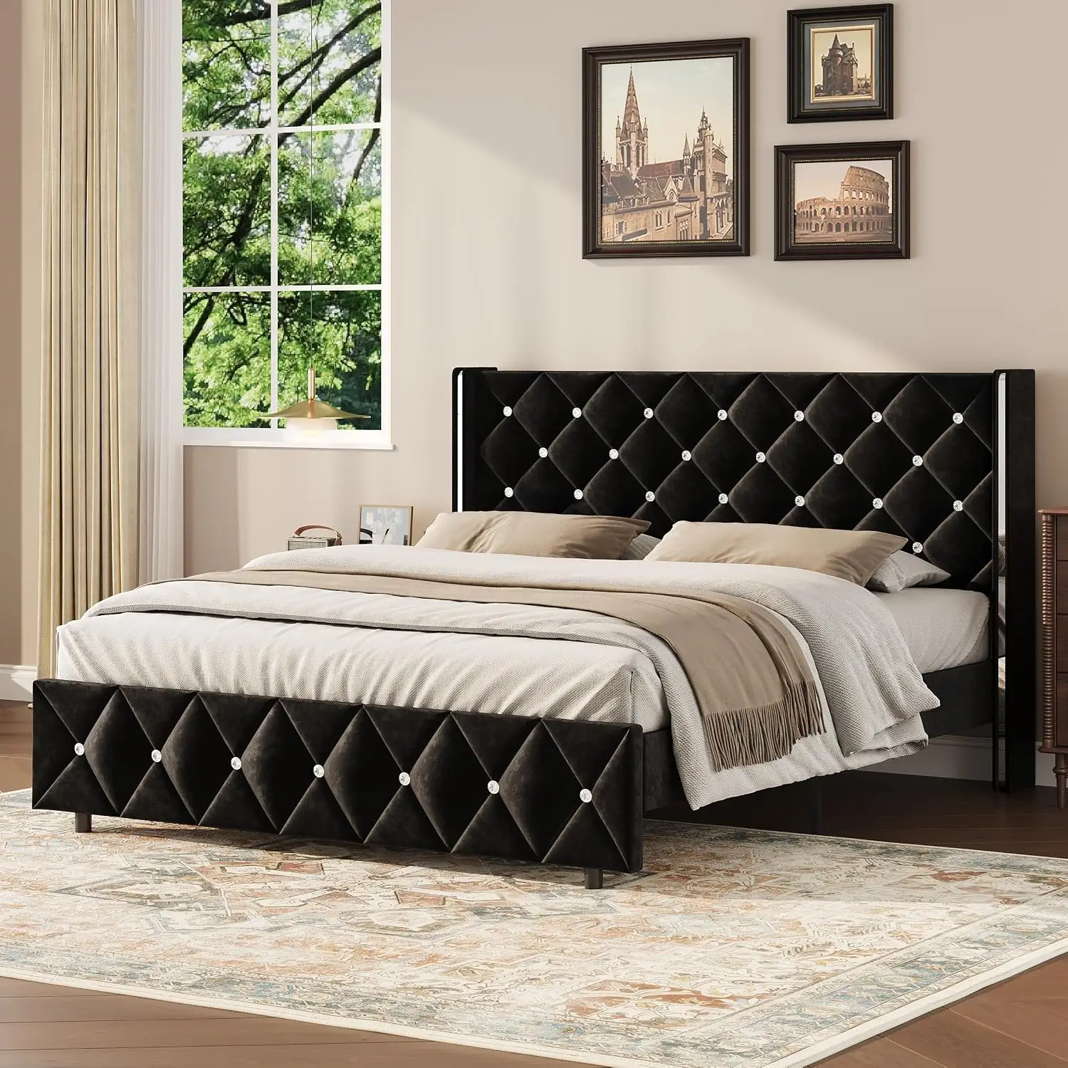 Velvet Wingback Queen Bed Frame with Upholstered Headboard, Silver Black, Customized