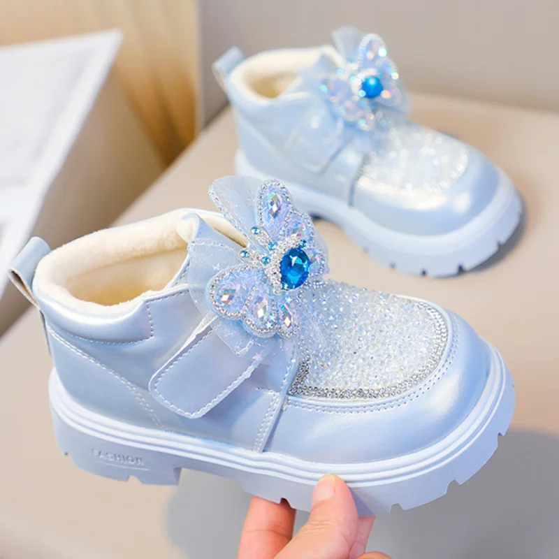 أطفال أحذية كاجوال حذاء من الجلد بولي Leather جلد كريستال الترتر أحذية الشتاء للفتيات الدافئة المضادة للانزلاق حذاء أسود بني حجم 26-36