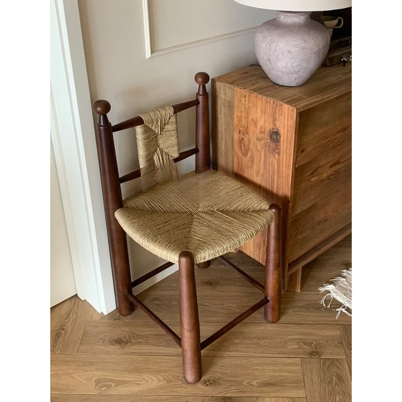 

Retro solid wood rattan dining chair, medieval grass rattan desk leisure chair