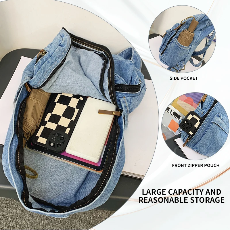 حقيبة ظهر مدرسية عصرية للطلاب من الدنيم حقيبة ظهر متعددة الجيوب بسعة كبيرة حقيبة ظهر للطالبات