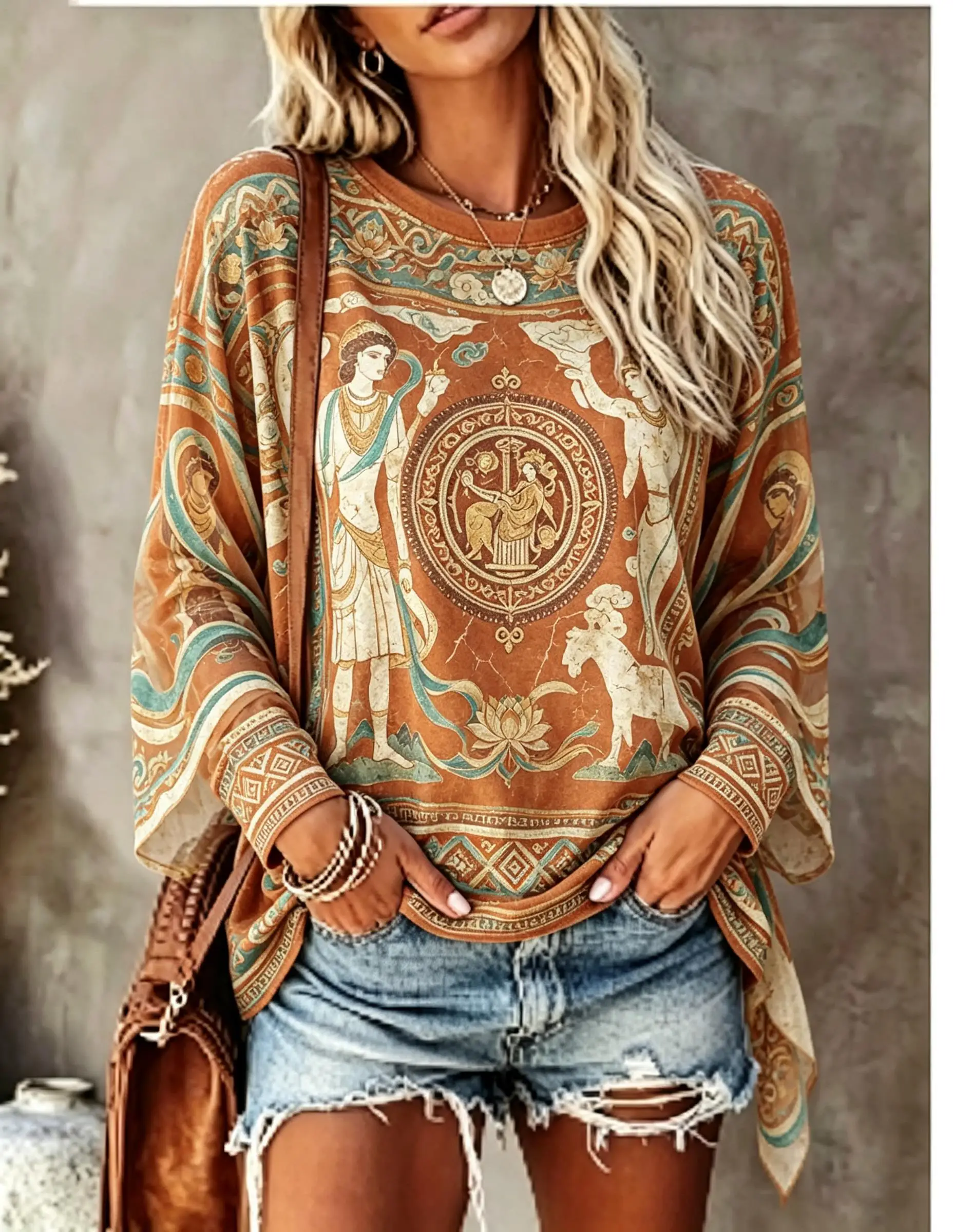 Women Long Sleeve T‑Shirt Boho Aztec Mayan Calendar Pyramid Ethnic Tribal Print Crew Neck Casual Tops