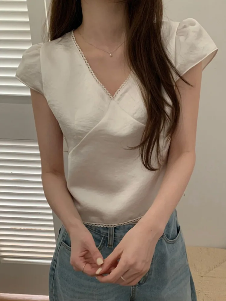 Elegant Lace Trim Short Sleeve Shirt Women's Summer New Style Versatile White Silk Blend Blouse Korean Style Pure Color