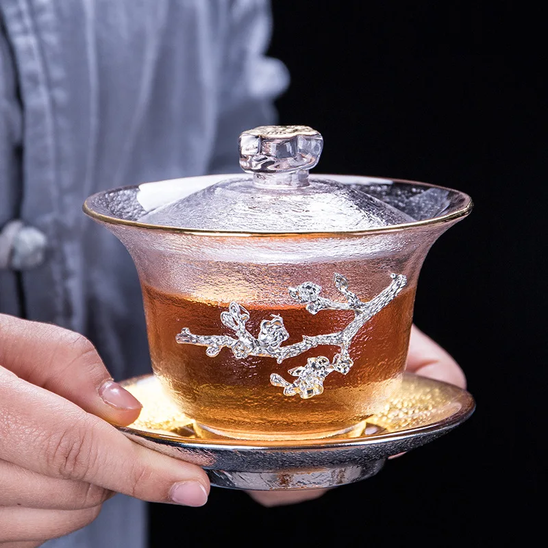 Gaiwan Tureen Ceremony Teaware Teapot Maker Infuser Pure Tin Painted Gold Plum Blossom Colored Glass Sancai Tea Cup Transparent