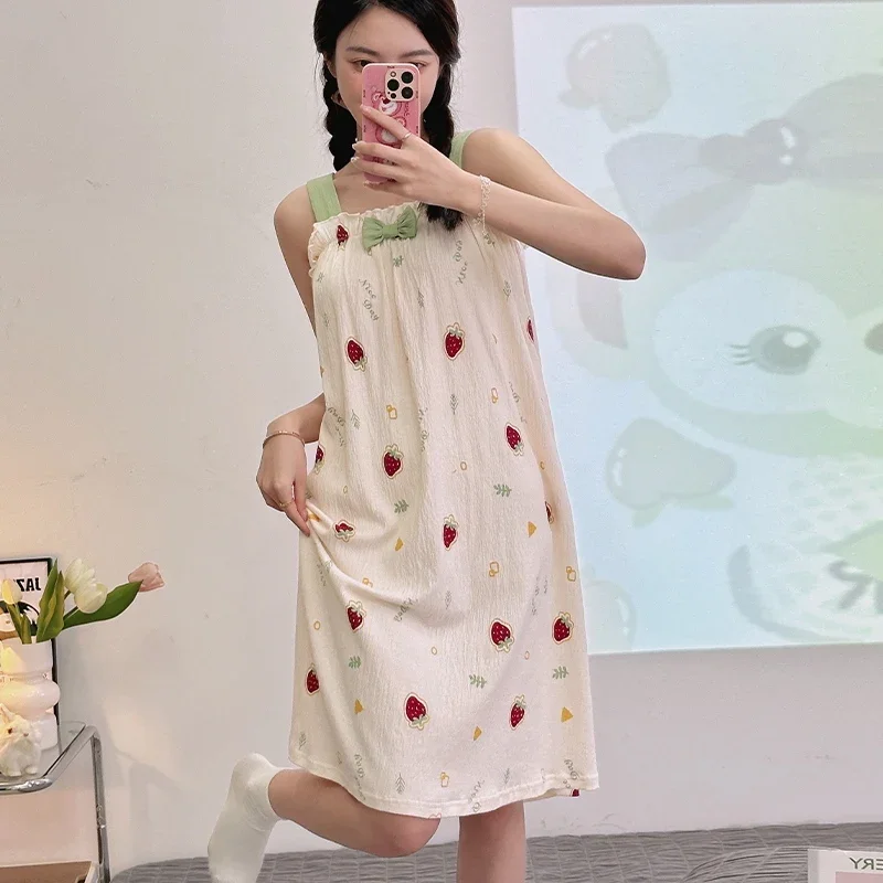 2024 Summer Sexy Lingerie Spaghetti Strap Cotton Print Nightgowns for Women Korean Cute Sleepwear Nightdress Night Dress Nighty