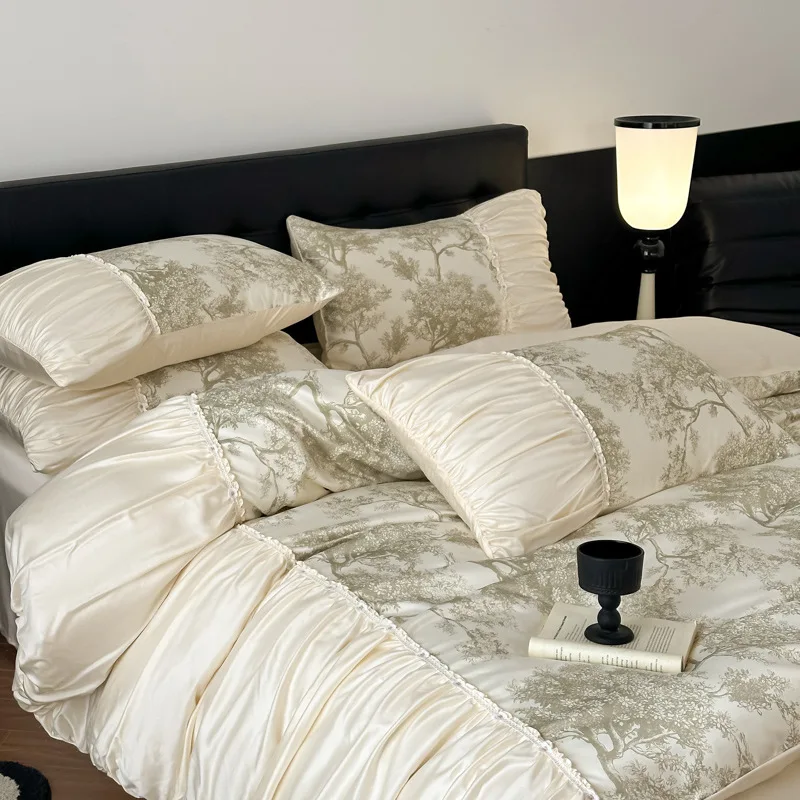 Medieval French Retro Plant Flower Printing Four-piece Set Class A Silky Bedding Quilt Cover Bed Sheet Pillowcases Bedding Set