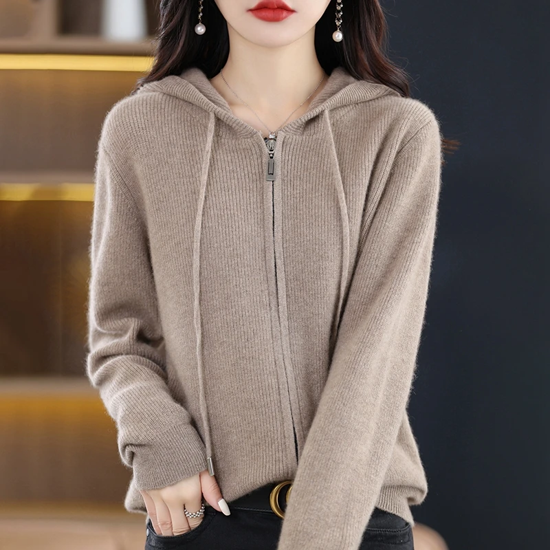 Women\'s long sleeved hooded cardigan autumn and winter women\'s knitted new cashmere sweater jacket top