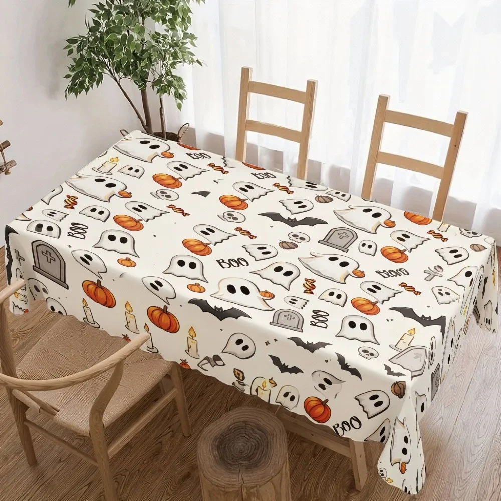 1Pc Halloween Style Tablecloth White Ghost Pumpkin Bat Print Table Cover For Dining Kitchen Party Decoration Fabric