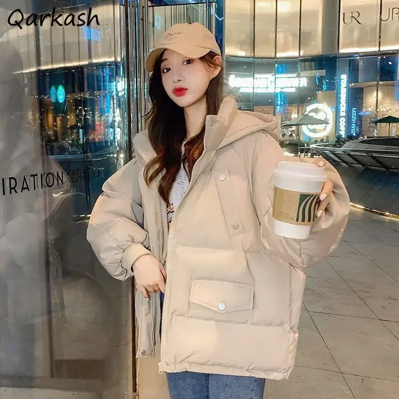 

Short Parkas Women Hooded Coats Outwear Solid Loose All-match Sweet Kpop Chic Casual Simple Cute Fashion Winter Clothes Zip Up