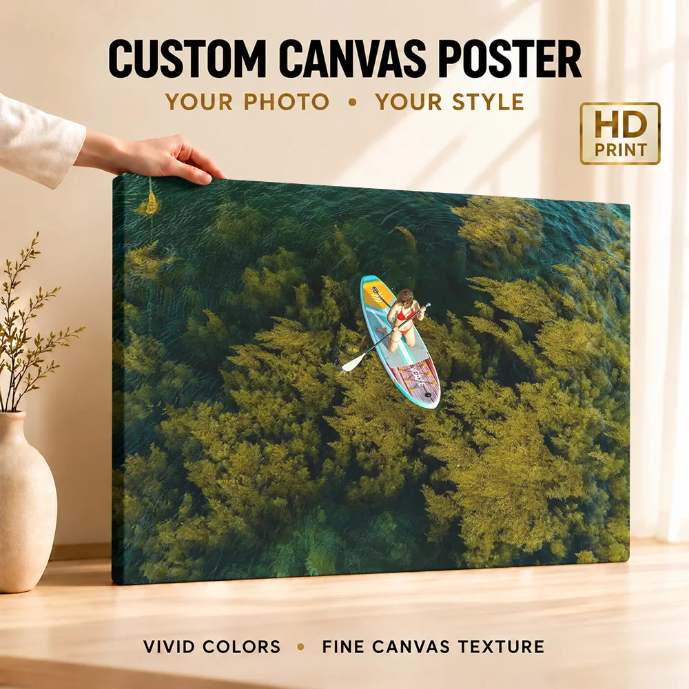 Woman Paddleboarding Coastal Water Wood Framed Canvas Poster Customized Photo Aerial Marine Perspective Wall Art For Beach House