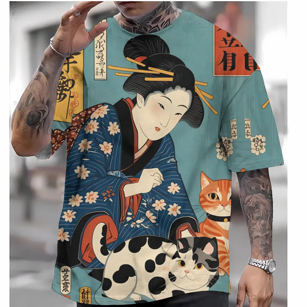 Men\'s T-Shirt Japanese Style Geisha Ukiyo-e Graphic 3D Printed Casual Short Sleeved Tee Outdoor Oversized Men Clothing Tops New