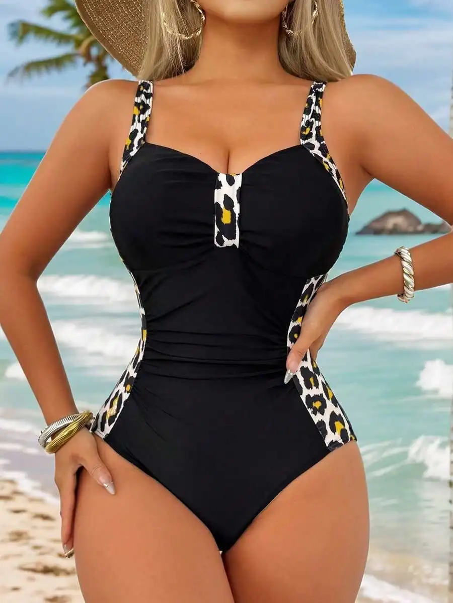 

Black Leopard Print One-Piece Swimsuit With Tummy Control For Beach Vacation