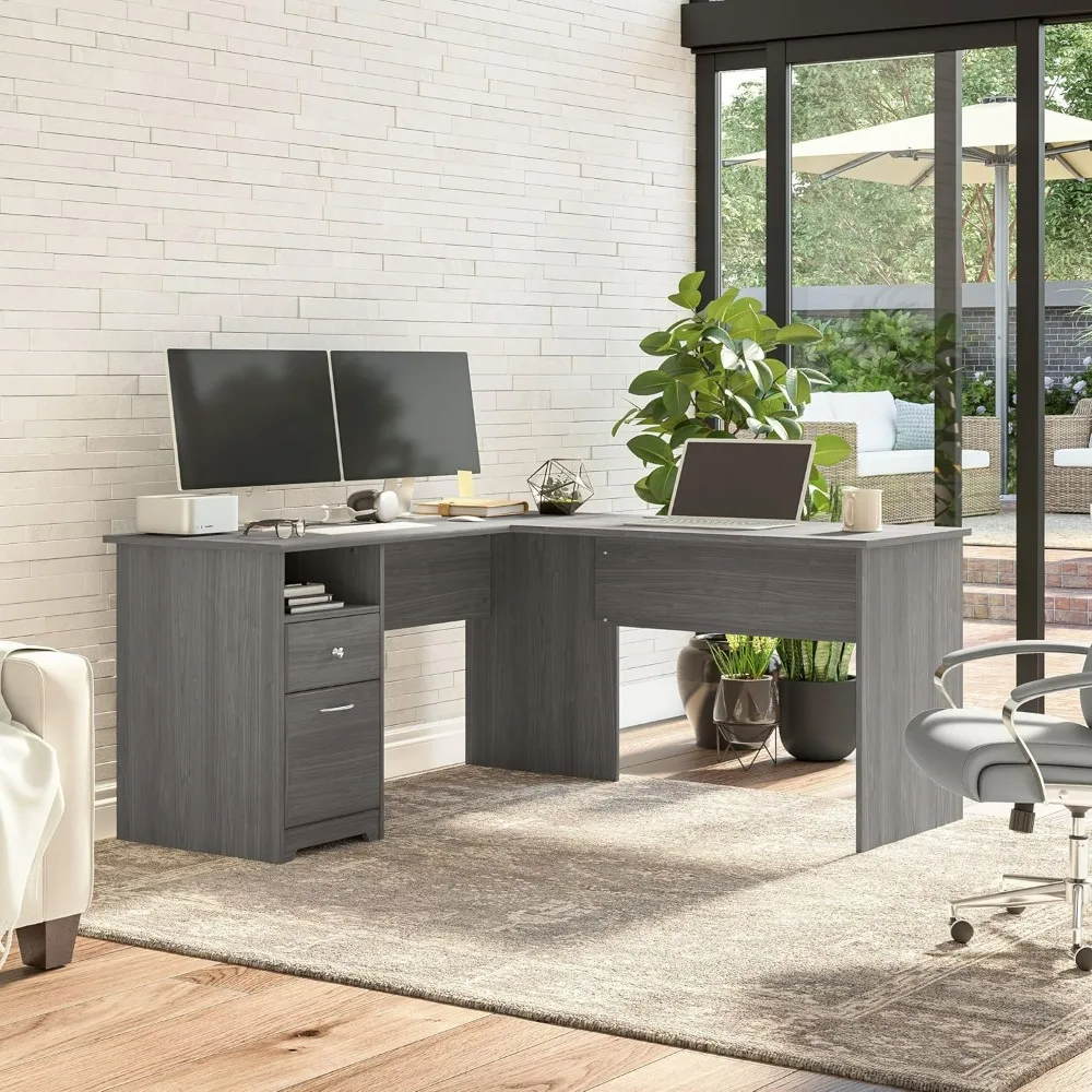 L Shaped Computer Desk With Drawers, 60W, Modern Gray,gaming Desks