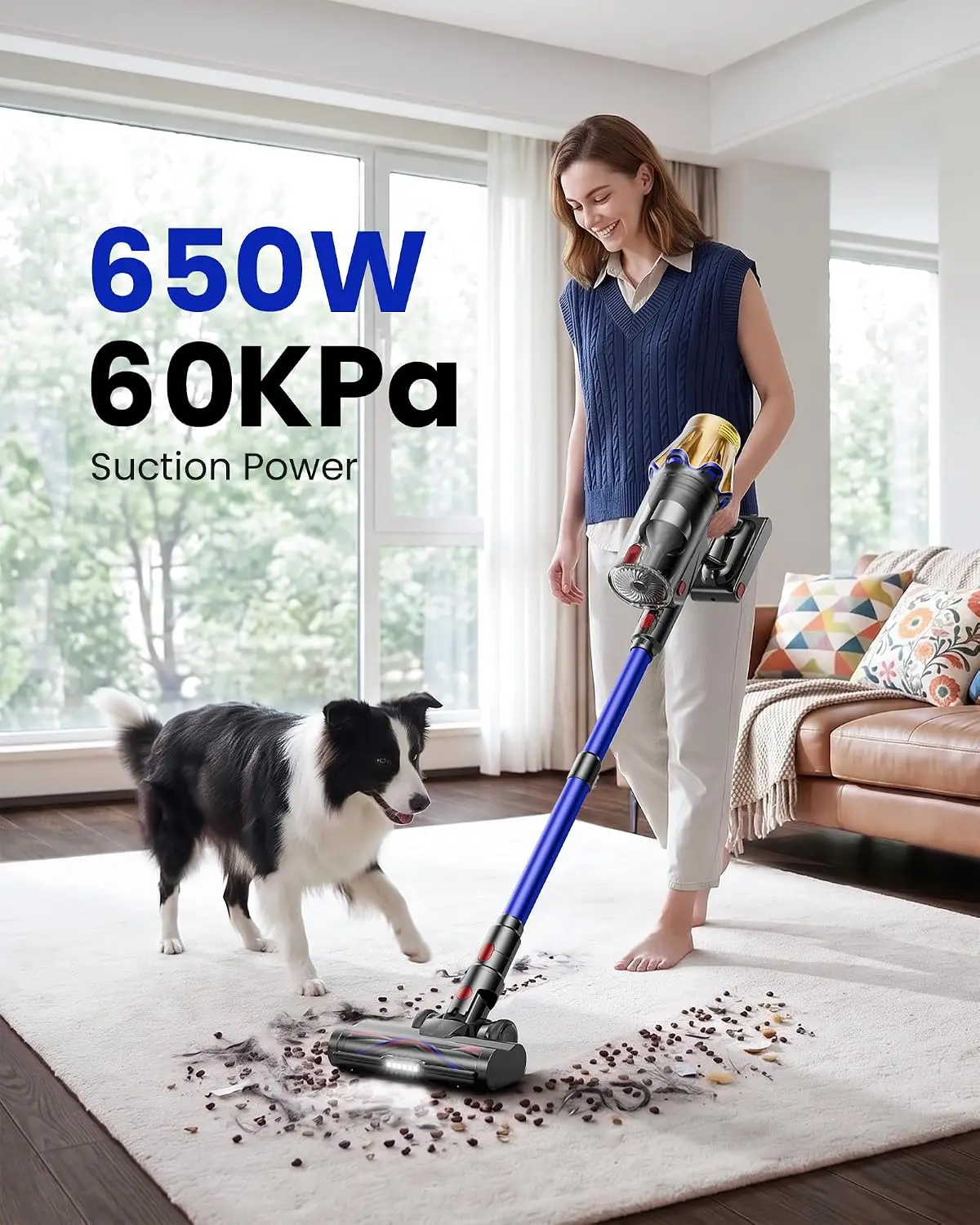 Cordless Vacuum Cleaner, Upgraded 650W 60KPA 70Mins Cordless Stick Vacuum Cleaner with Flexible Hose,Self-Standing,Touch