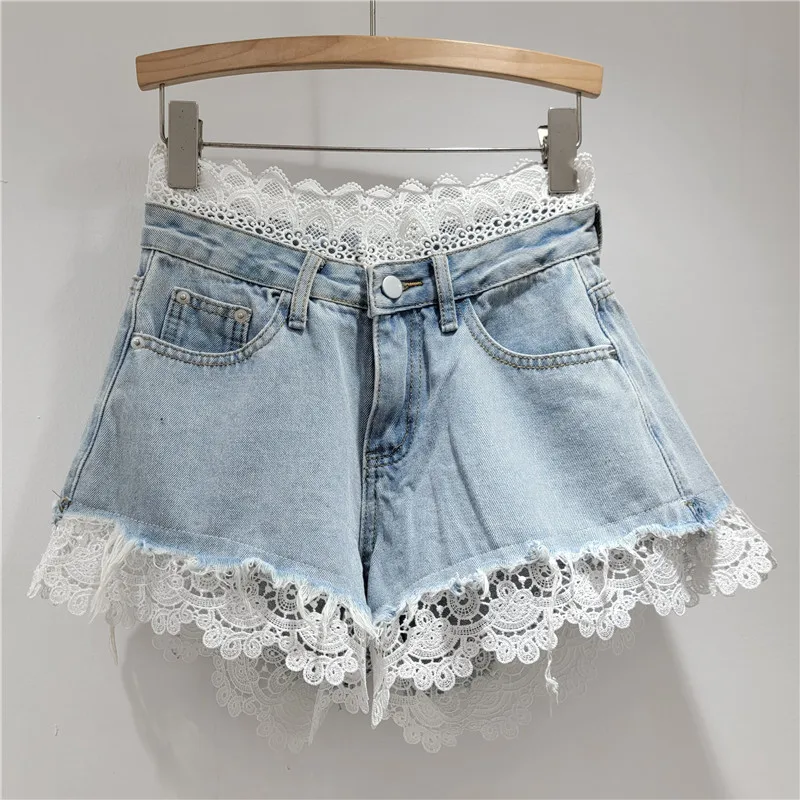 

Lace Spicy Girl Denim Shorts, Women's Personality Versatile, High Waist Wide Leg Hot Pants