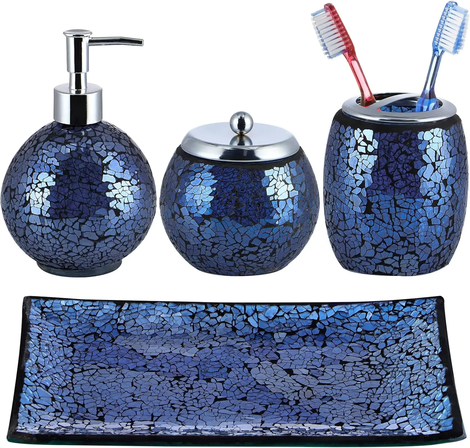 

4-Piece Shiny Blue Mosaic Glass Bathroom Set: Soap Dispenser, Cotton Jar, Toothbrush Holder, Tray