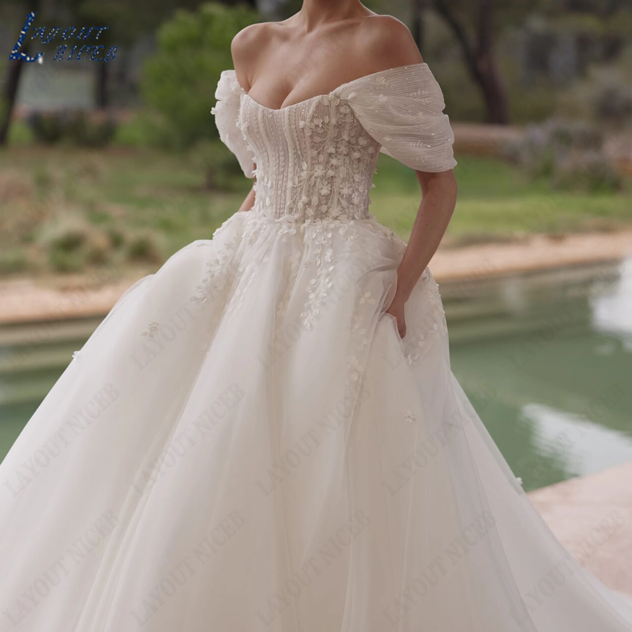 LAYOUT NICEB Customized Off The Shoulder A‑Line Wedding Gown Puff Short Sleeves Bridal Dress Boat Neck Bride Dresses Tulle
