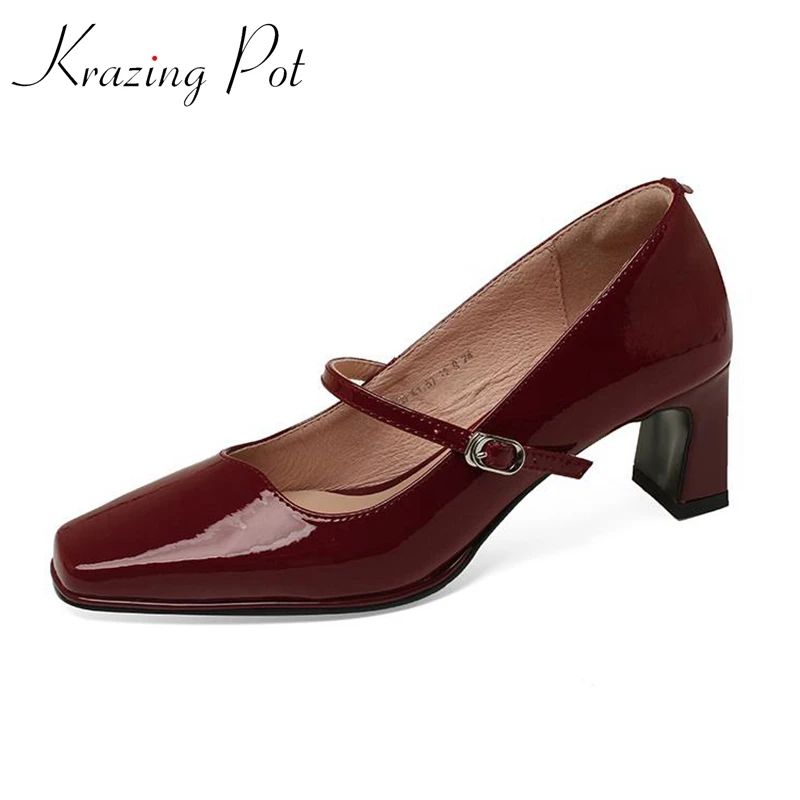 

Krazing Pot Full Grain Leather Square Toe Thick High Heels Modern Shoes Grace Mature Dance Party Buckle Strap Maiden Brand Pumps