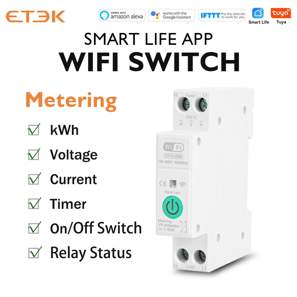 ETEK Tuya WiFi Smart Switch 1P+N 63A 90-300 Voltage Timer Power Energy kWh Voltage  Voice Remote Control Circuit Breaker