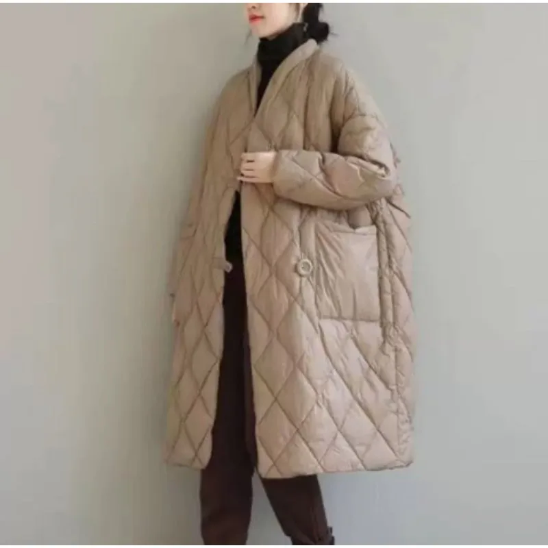Artistic Large Size down Cotton Jaet Women Long over Knee Loose Thin Thiened Bread Sle Winter Clothes Polyester Fabric