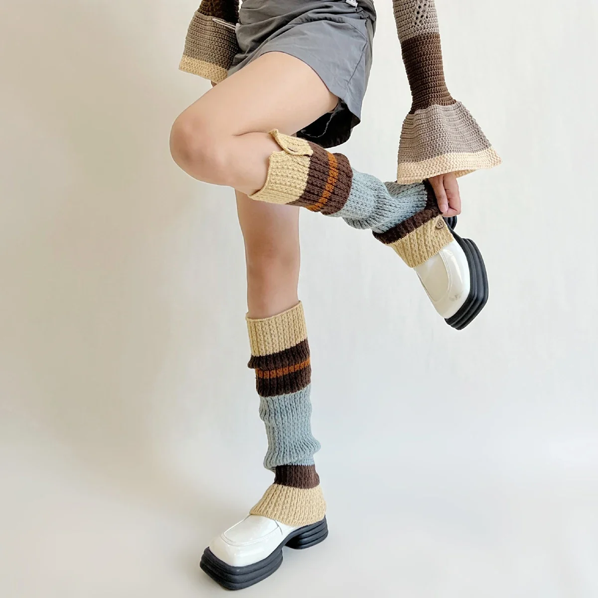 New Retro Leg Warmers Winter Button Opening American Y2K Harajuku Hot Girl Japanese Contrast Color Pile Knitted Wool Long Socks