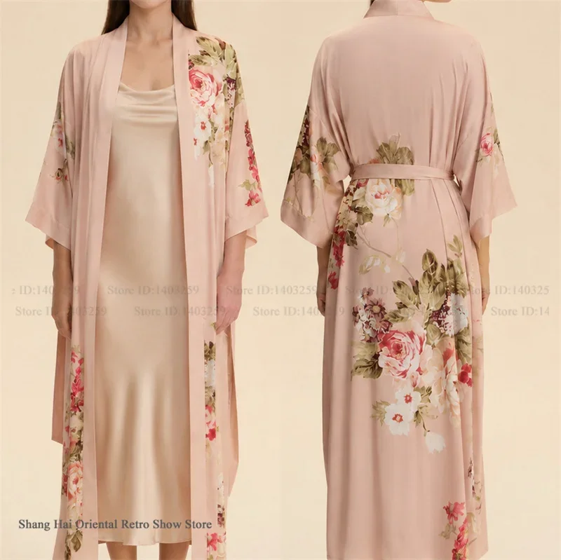 Elegant Print Flower Female Long Robe Nightgown 2Pcs Set Loungewear Sexy Suspender Night Dress Lingerie Loose Bathrobe Homewear