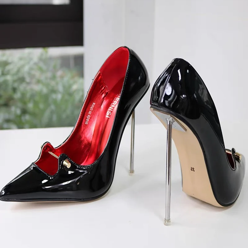 12cm Metal Pumps Stilettos High Heels Solid Black OL Office Ladies Party Ladies Pointed Toe Man Unisex Black Dress Shoes Size46