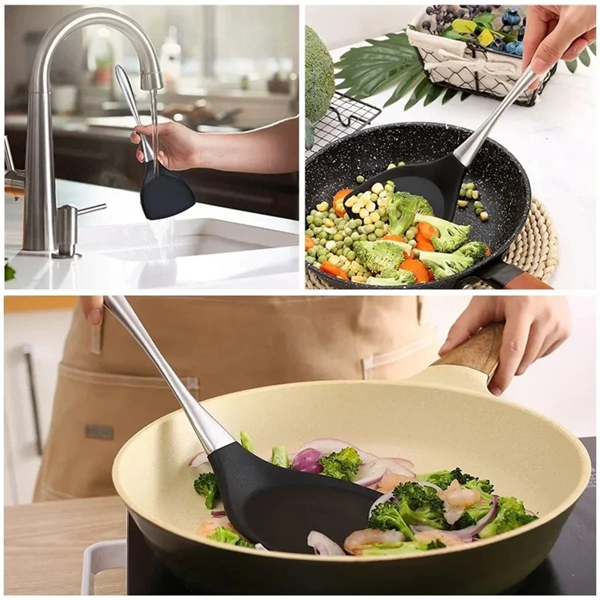 New Silicone Wok Spatula Stainless Steel Cooking Turner Non-Stick Shovel Heat- Non- Wok Turner Kitchen 2pcs
