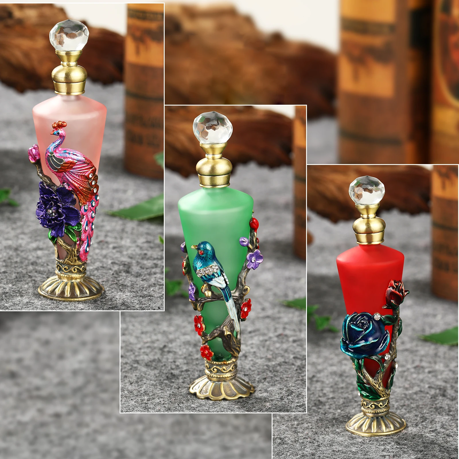 Empty Perfume Bottle 30ml Metal Flower Enamel 3D Peacock/Bluebird/Rose Decor Crystal Cap Refillable Essential Oil Slender Flask