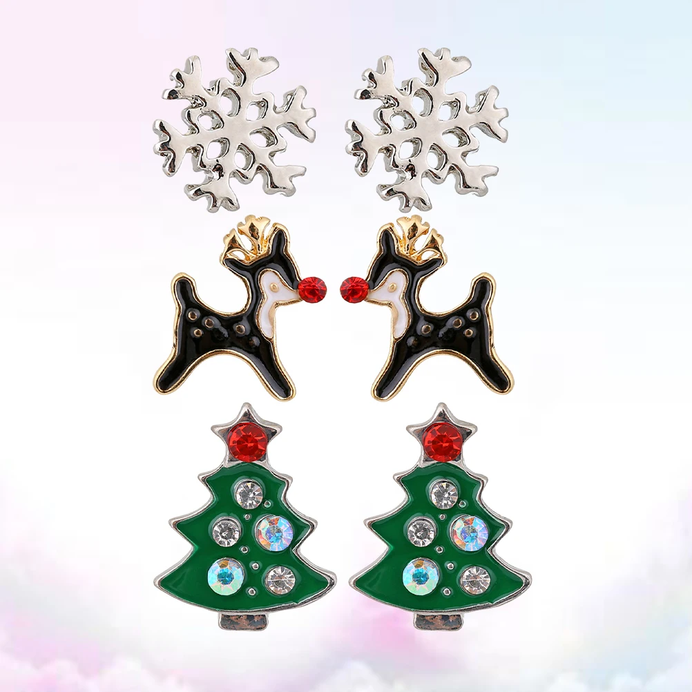 

3Pairs Holiday Christmas Ear Studs for Women Girls Elegant Snowflake Elk Design Lightweight Comfortable Ear Rings Perfect