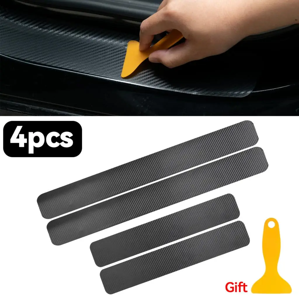 4Pcs 3D Carbon Fiber Car Stickers Threshold Anti-kick Protector Strip Auto Door Sill Scuff Plate Anti Scratch Cover Tool+Scraper