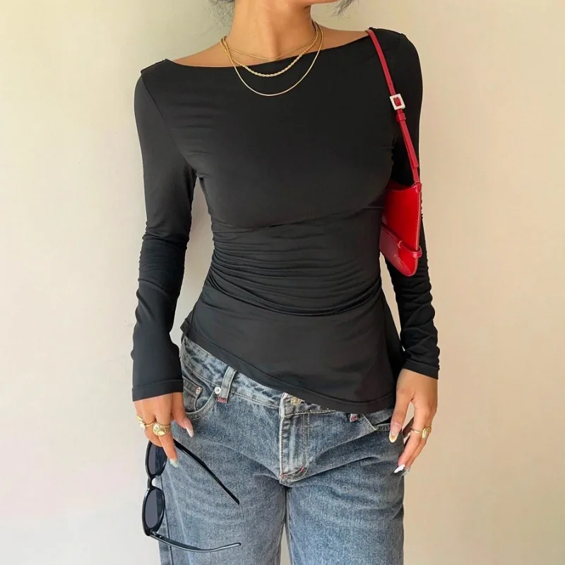 FL 여성용 우아한 레이스 패치워크 리본 장식 긴팔 티셔츠 캐주얼 비대칭 밑단 슬림핏 보트넥 플리츠 탑 2026