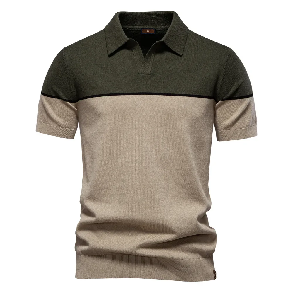 

New Summer Men's Short-sleeved Sweater Color-blocking Lapel Casual