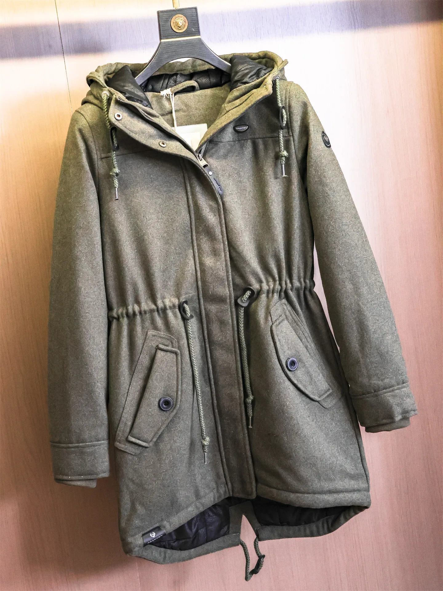 Unisex Thickened Woolen Coat with Drawstring Waist Cotton Lined Hooded Long Sleeve Mid-Length Outerwear for Youth Daily Wear