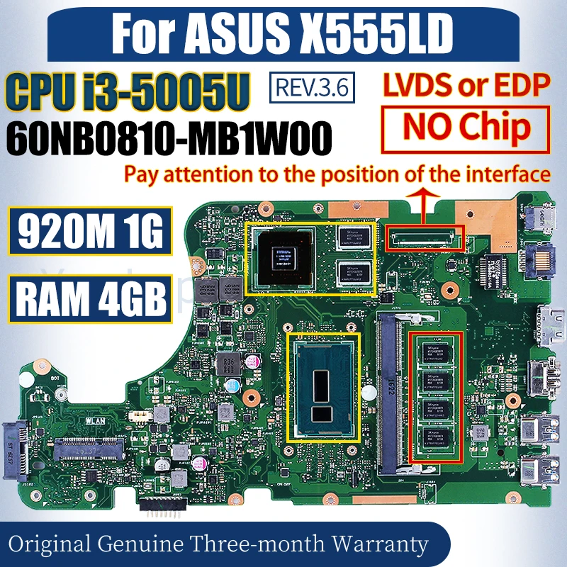 REV:3.6 For ASUS X555LD Laptop Mainboard 60NB0810-MB1W00 i3-5005U RAM 4GB N16V-GM-B1 920M 100％ fully Tested Notebook Motherboard