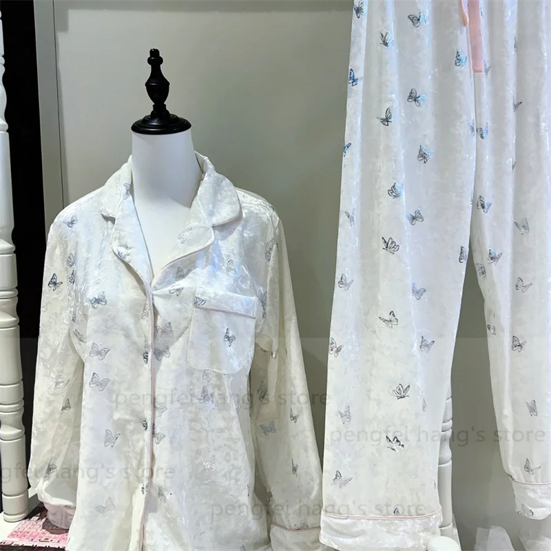 

Зимняя одежда для сна, белая велюровая пижама, женская ночная рубашка, рубашка с длинными рукавами, брюки, наряд, одежда для дома из 2 предметов, домашняя одежда, Pijama Mujer