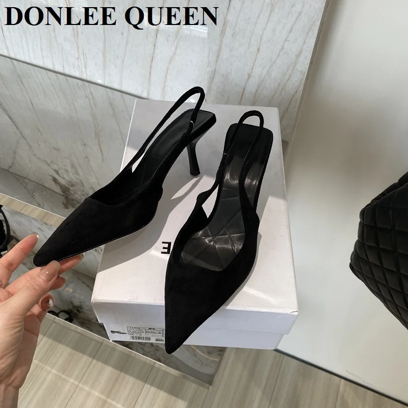 Fashion Thin High Heels Slingback Sandals Women Slip On Mules Pointed Toe Shallow Pumps Suede Female Shoes Brand Sandalias Mujer