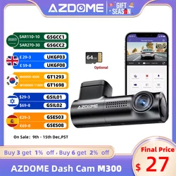 AZDOME 차량용 DVR 전면 대시 캠 M300, Wi-Fi 앱 제어, 숨겨진 차량 비디오 녹음기 루프 녹화, 24 시간 주차 모드, 1296P