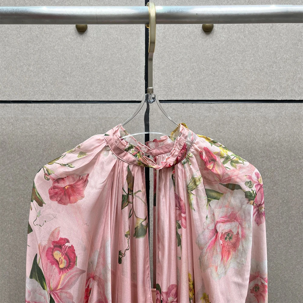 

Silk Blend Floral Print Maxi Dress, Women's Elegant Ruffle Tiered Long Sleeve Dress, High Neck Loose Flowy Party Beach Vestido