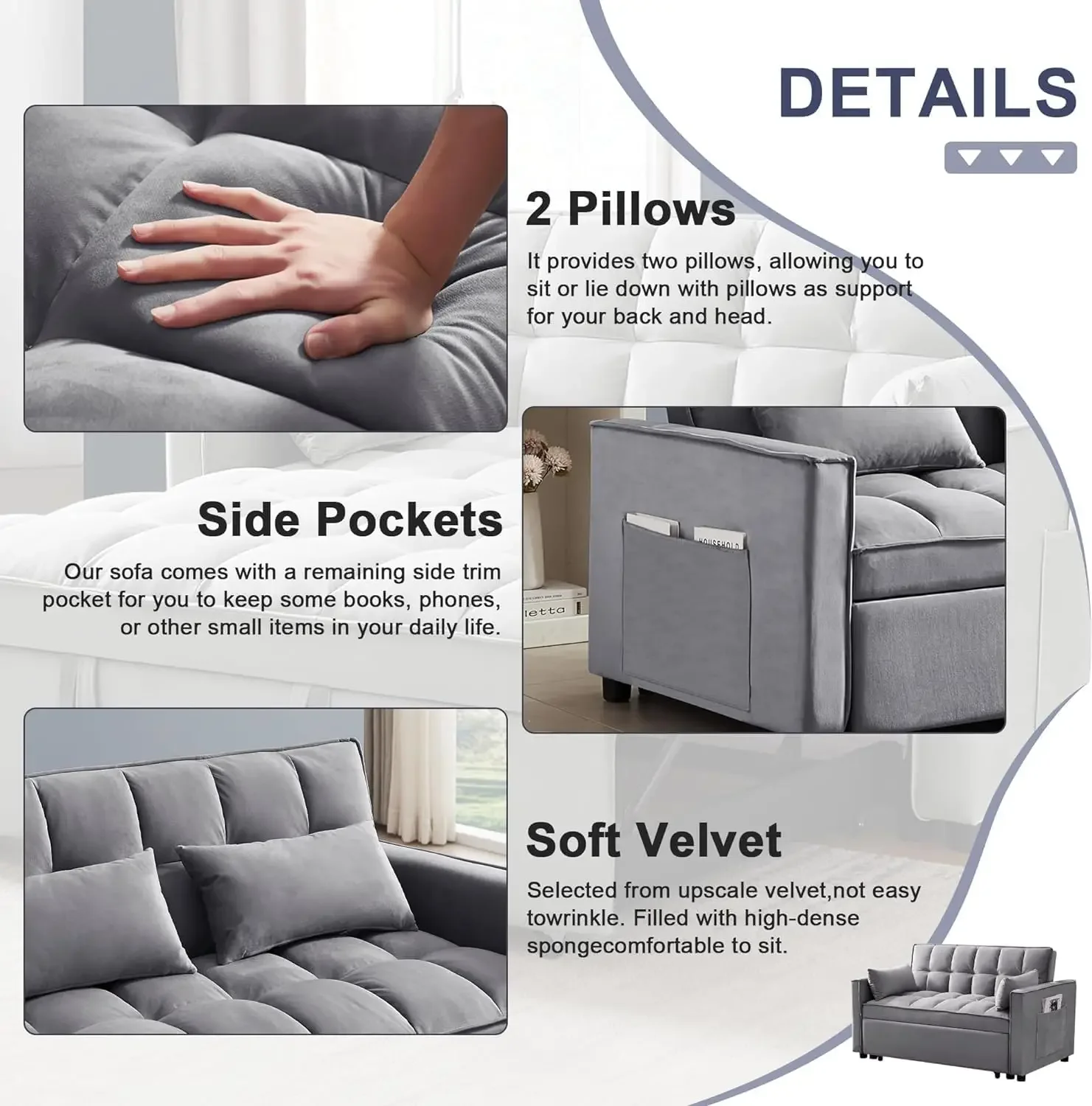 Pull Out Couch, 55.3'' Convertible Futon Sofa Bed, Velvet Sleeper Loveseat with Pillows, Pockets, Small Sofa for Liv